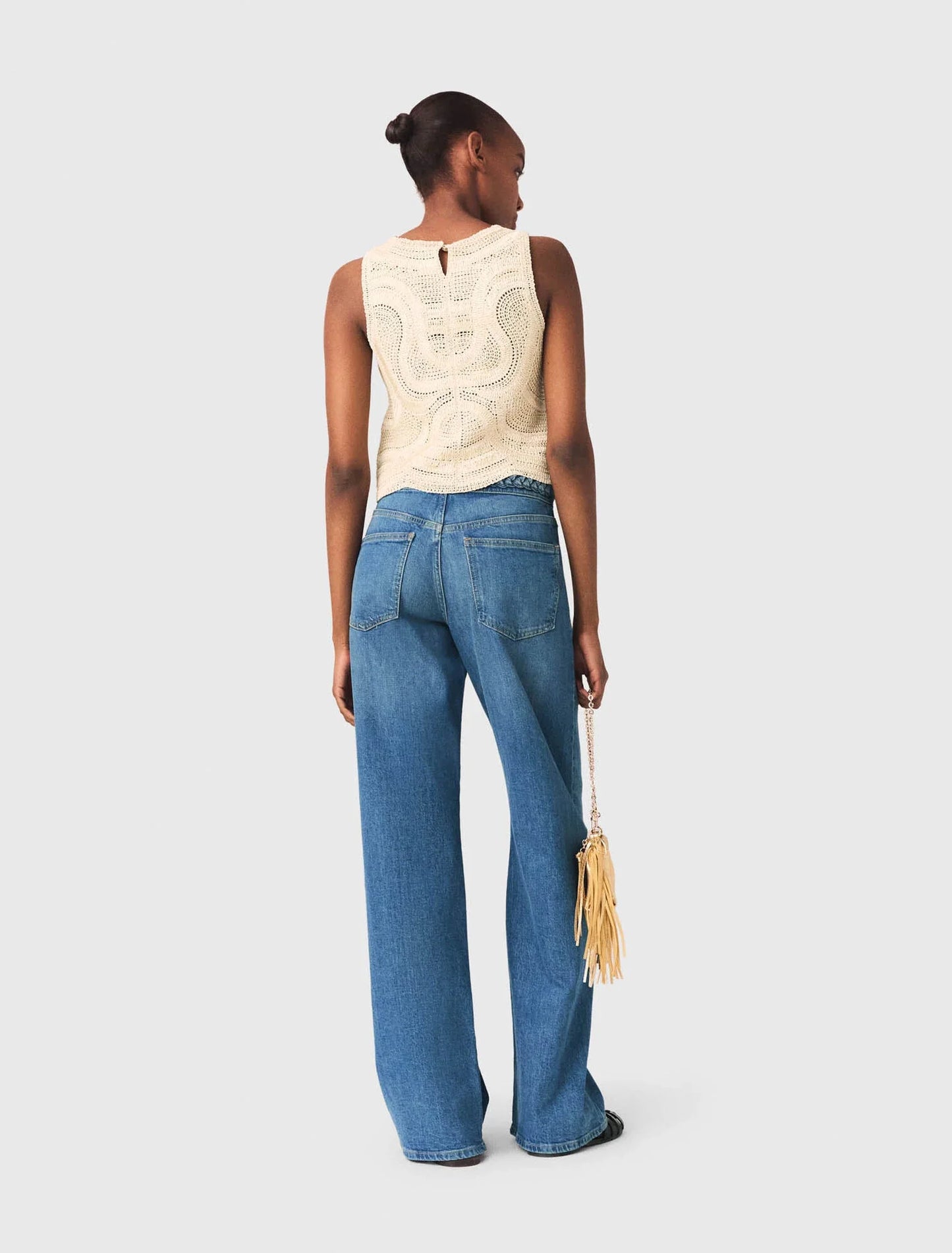 Sleeveless Crochet-Knit Top Beige