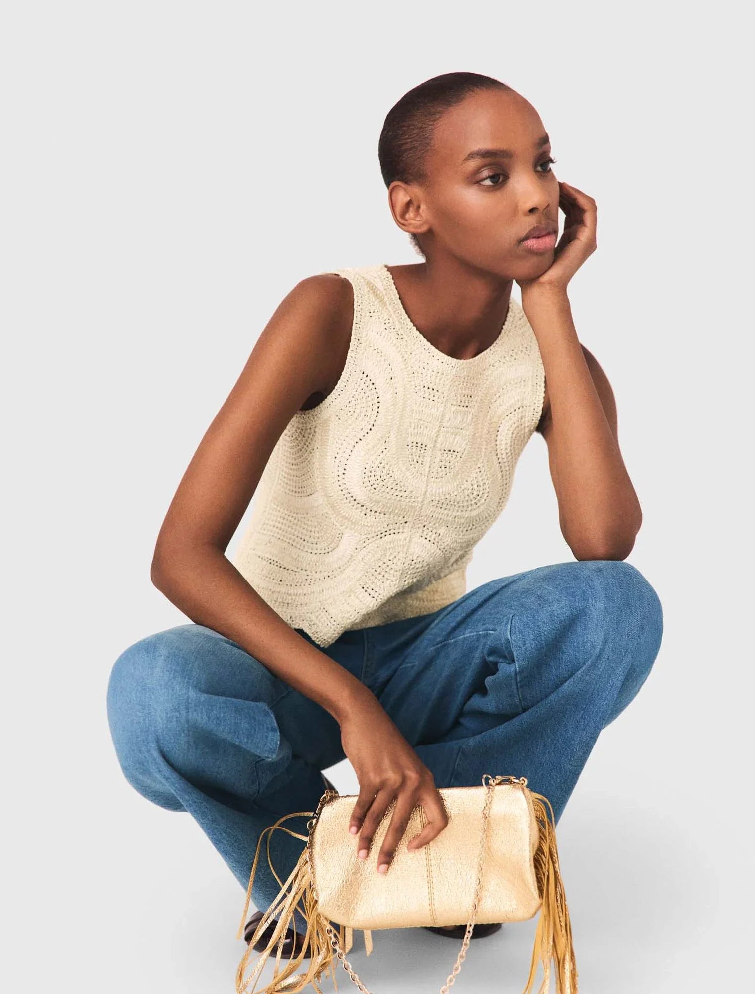 Sleeveless Crochet-Knit Top Beige