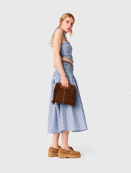 Smocked Rhinestone Cotton Top Blue Check Print