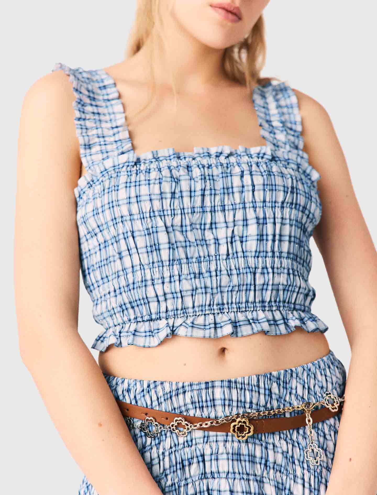 Smocked Rhinestone Cotton Top Blue Check Print BLUE CHECK PRINT