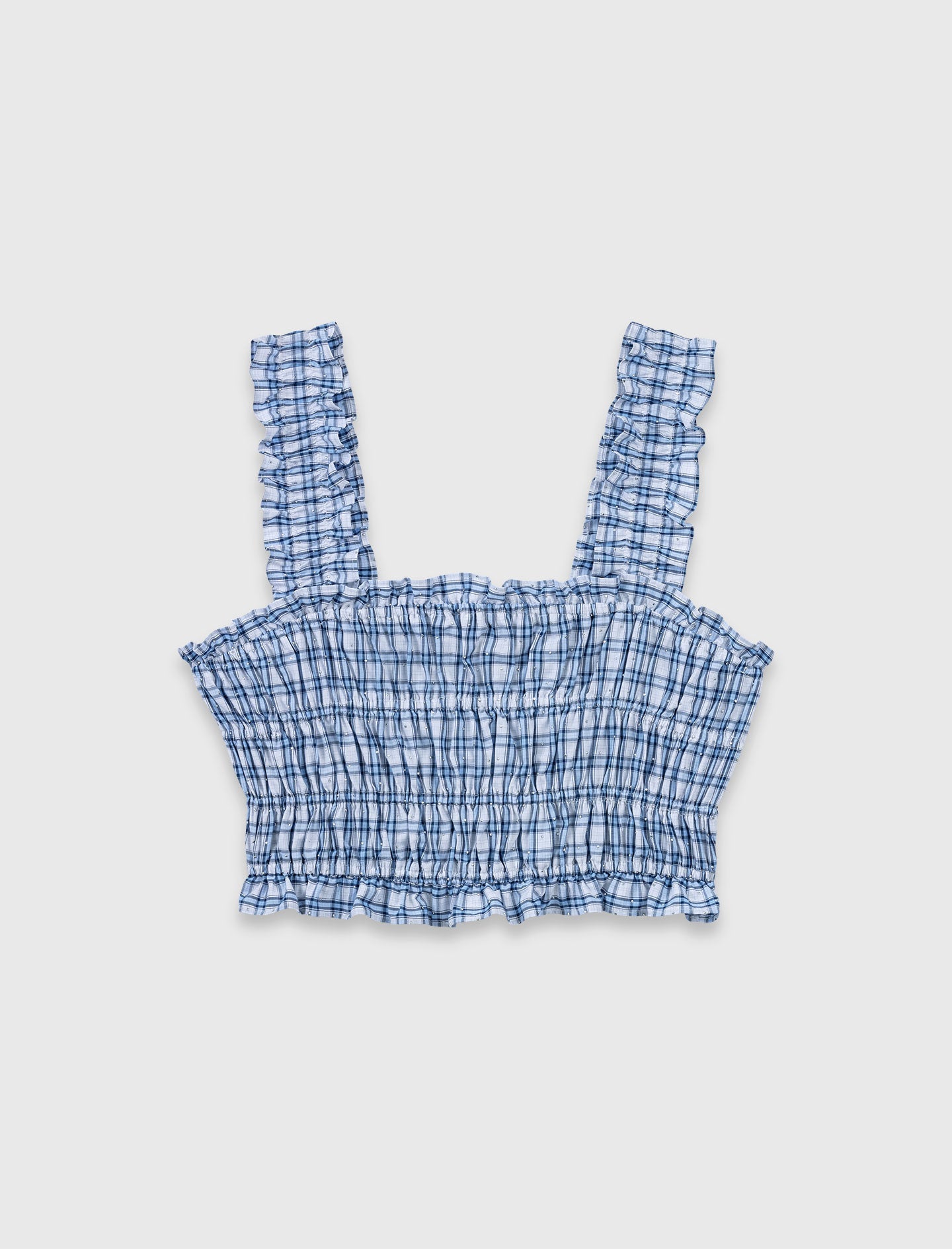 Smocked Rhinestone Cotton Top Blue Check Print BLUE CHECK PRINT