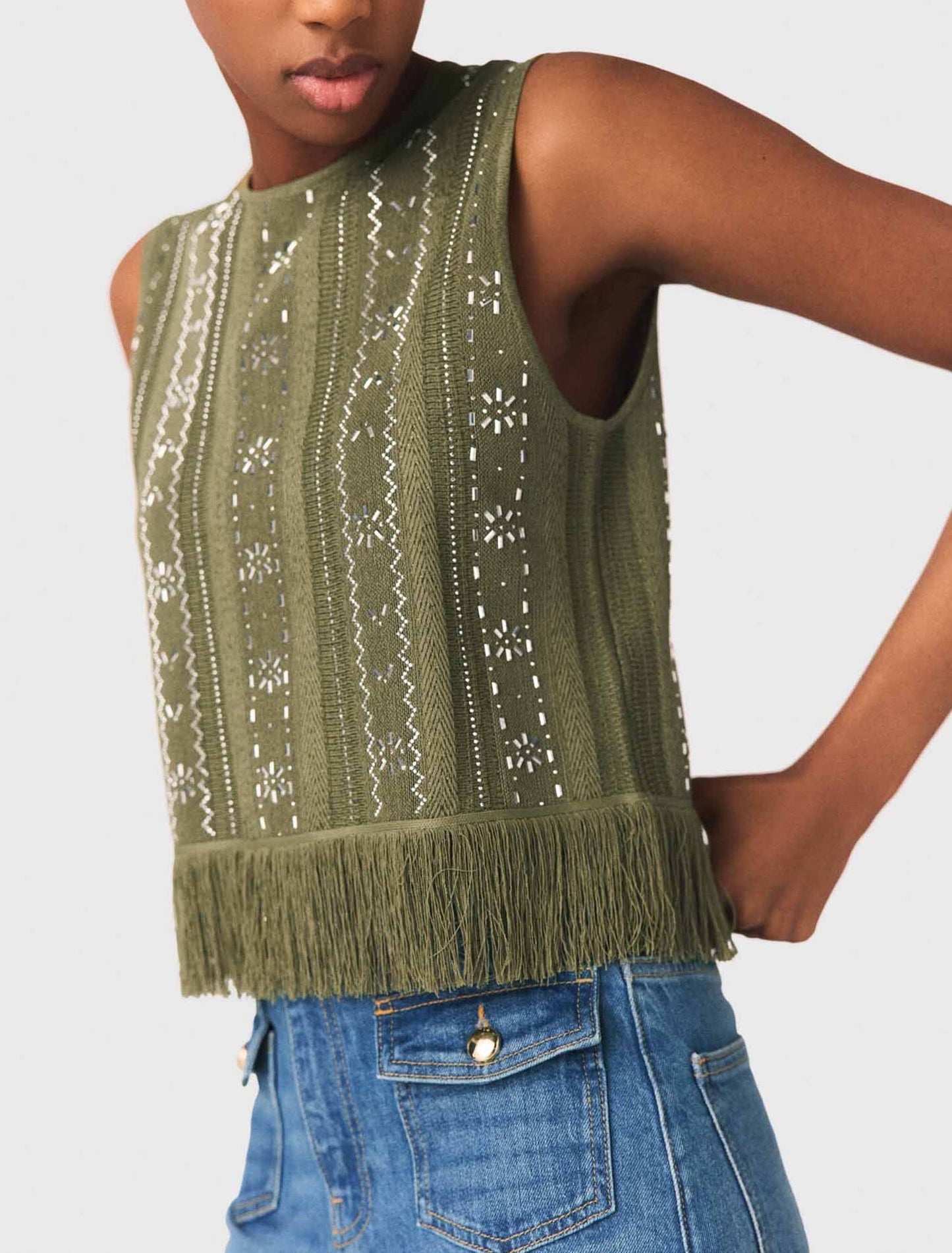 Fringed Rhinestone Flower Top Khaki