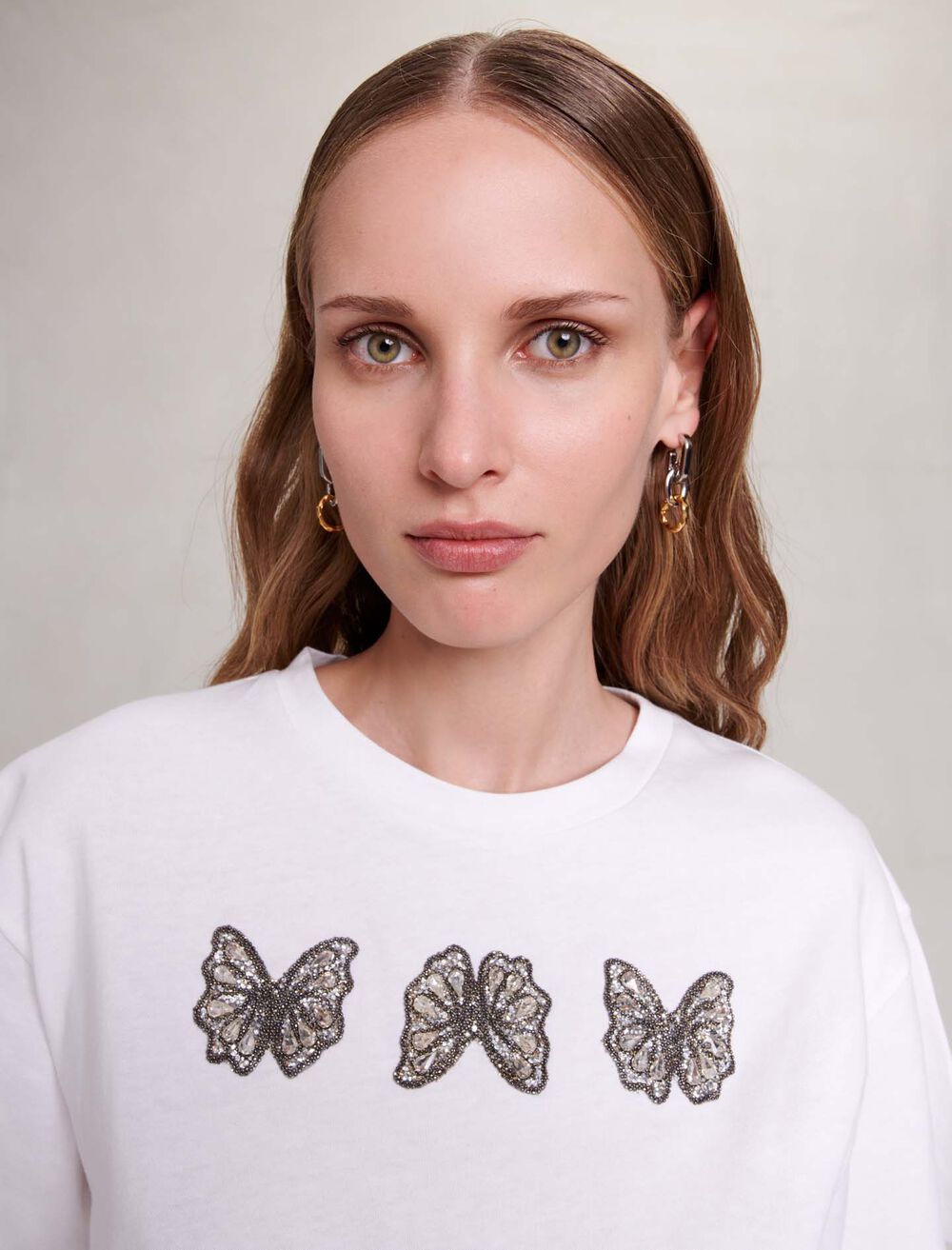 White-featured-Rhinestone Butterfly Cropped Tee