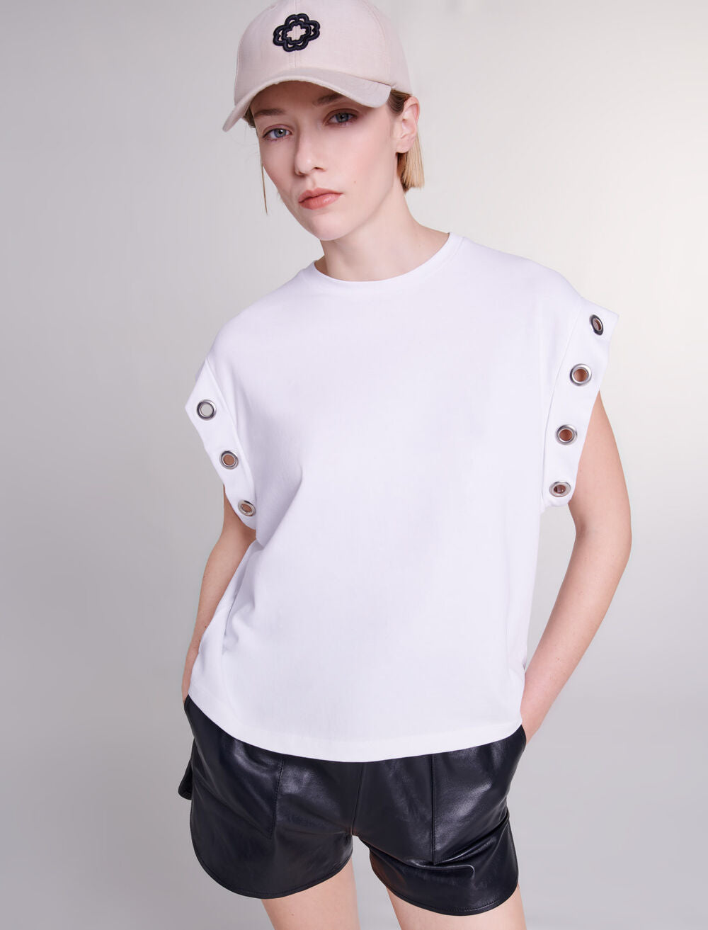 White-featured-Eyelet detail T-shirt