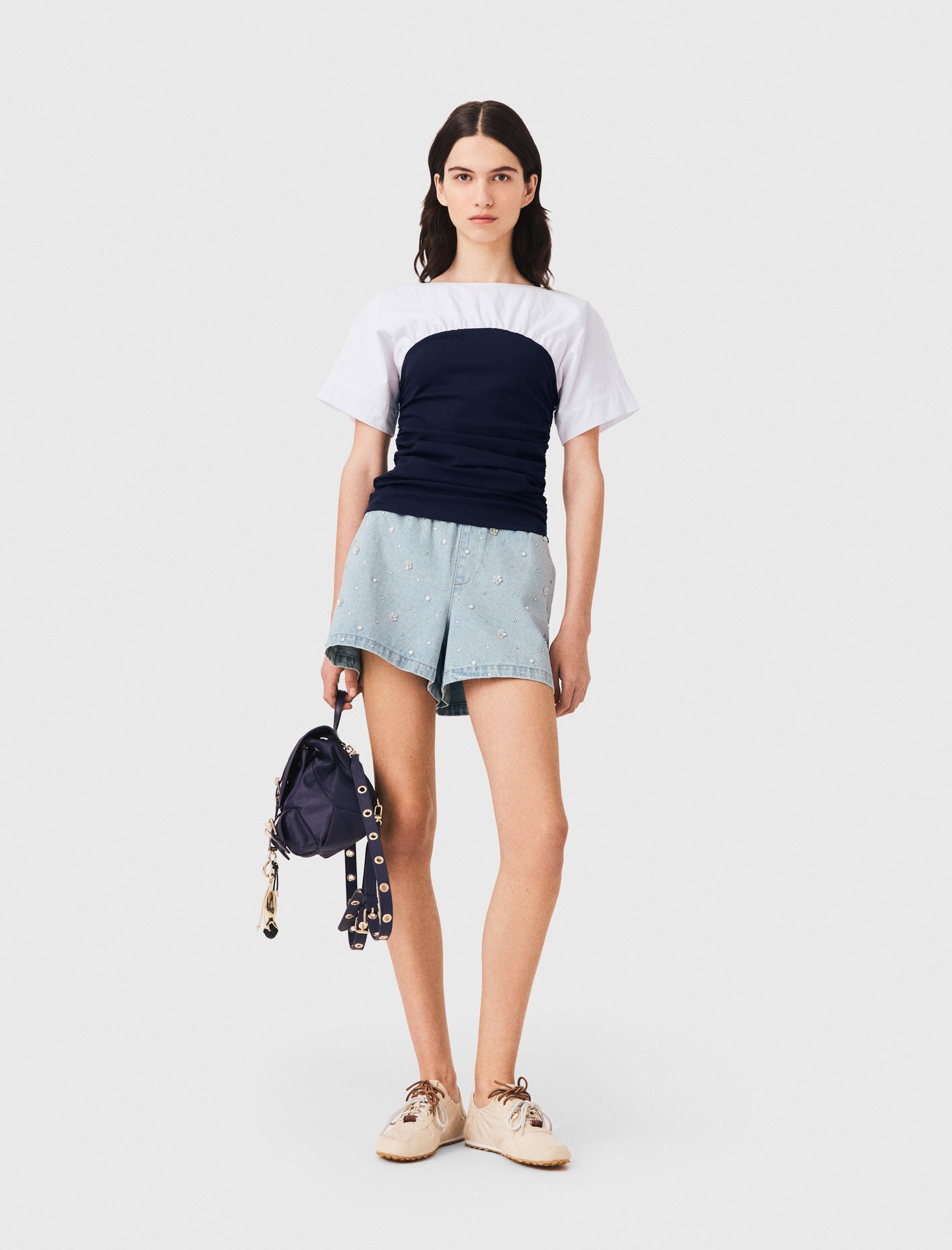 Pleated jersey top White/Navy