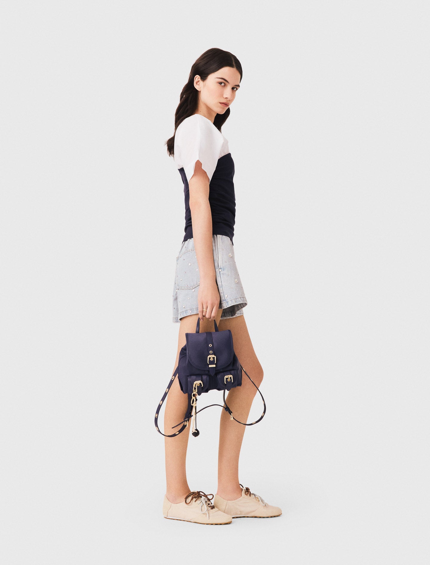Pleated jersey top White/Navy