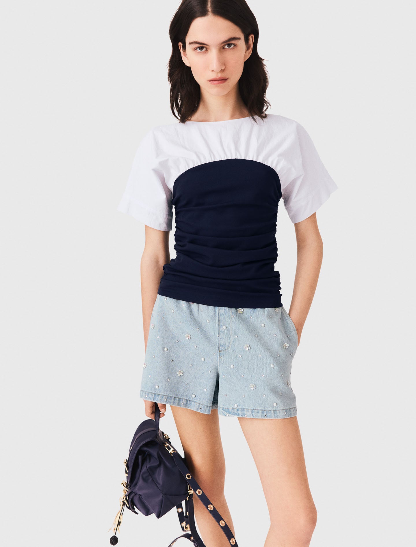 Pleated jersey top White/Navy
