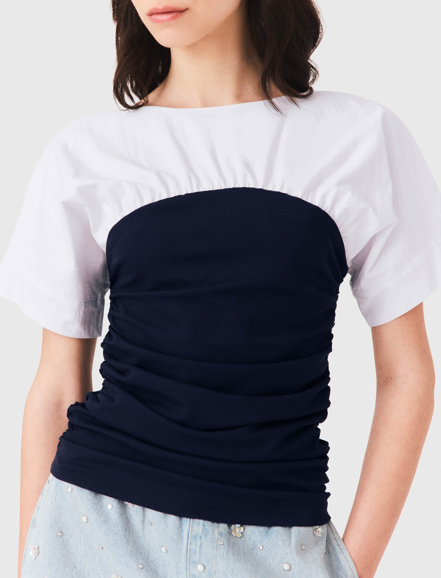 Pleated jersey top White/Navy