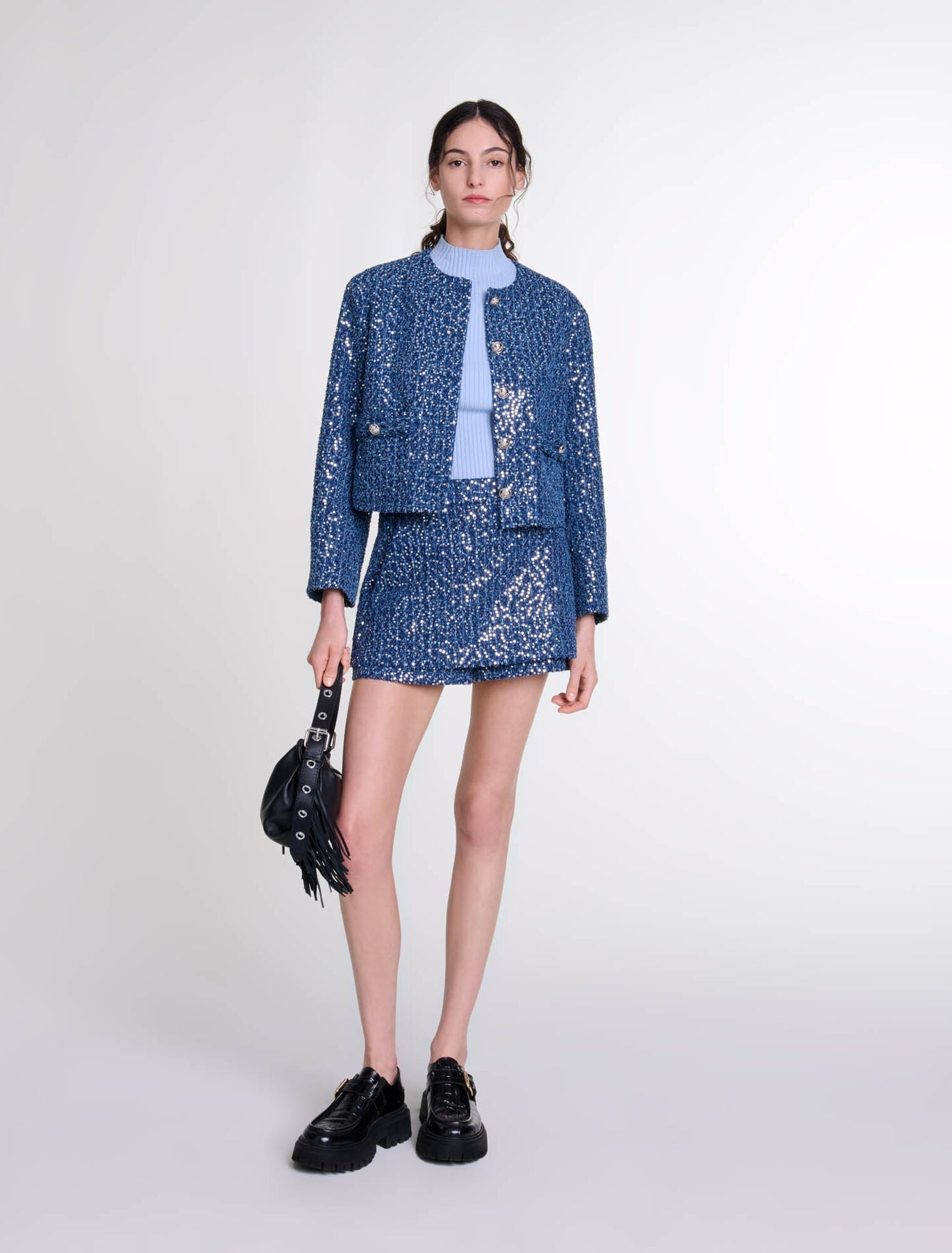 Blue Silver featured Sequinned tweed jacket