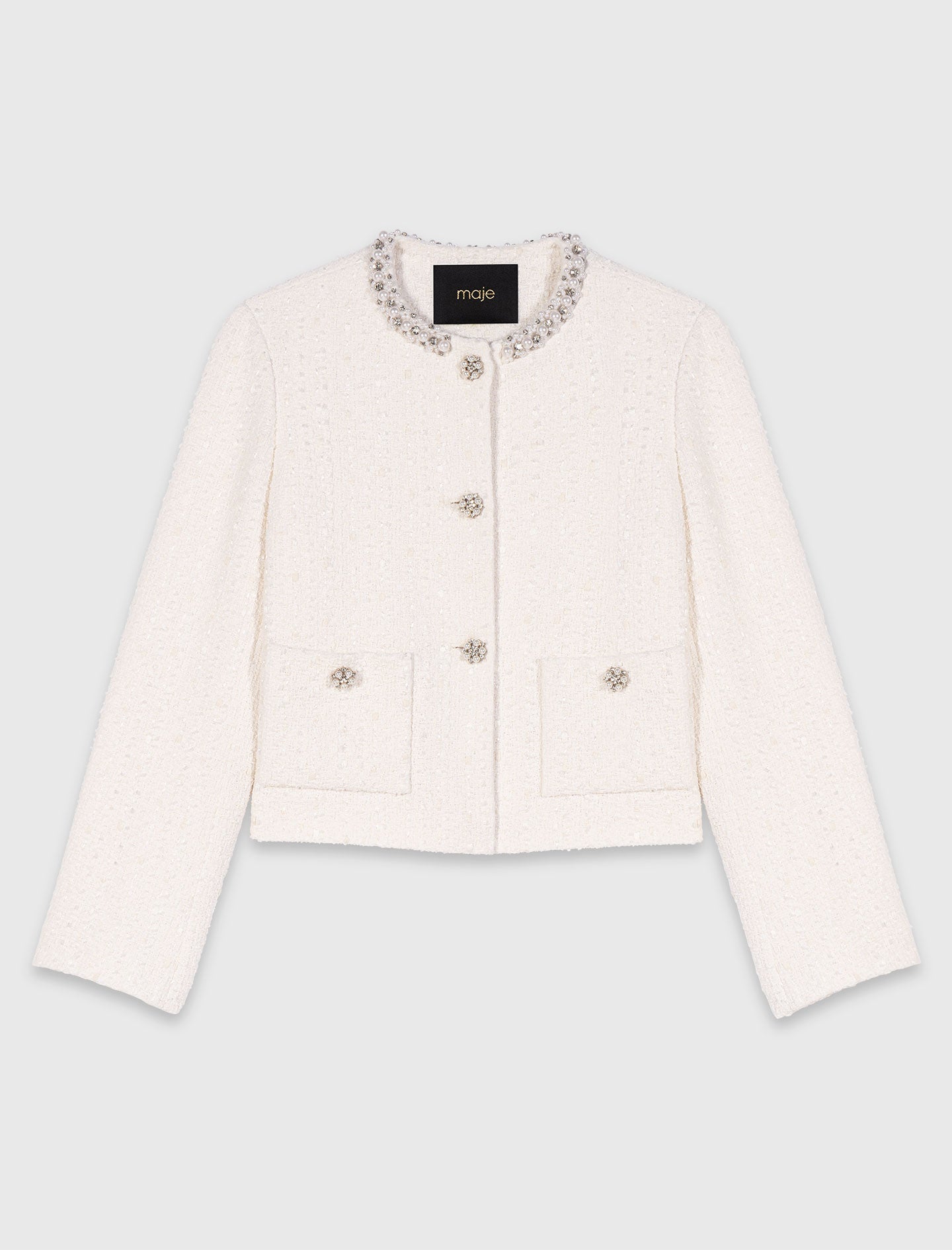 Pearl-Trimmed Tweed Jacket Ecru