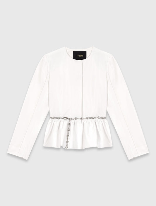 Cropped Jacket With Jewelled Belt White