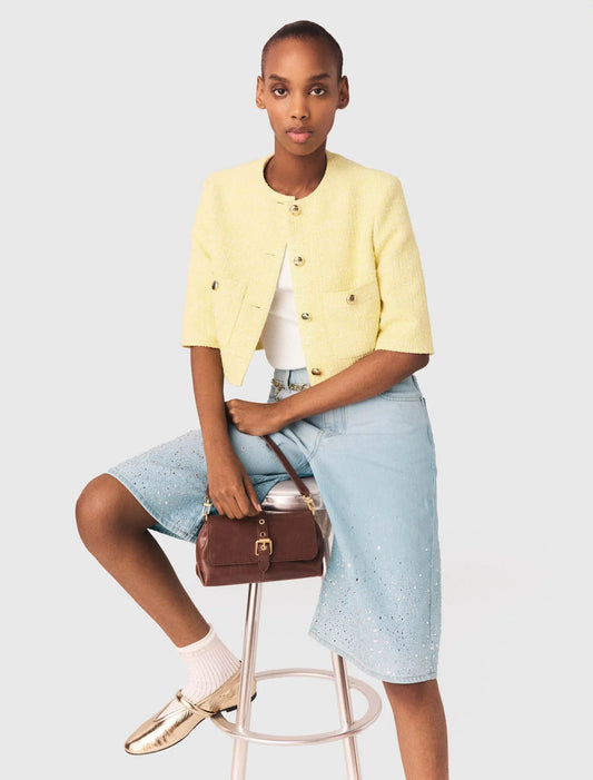 Short-Sleeved Tweed Jacket Pale Yellow