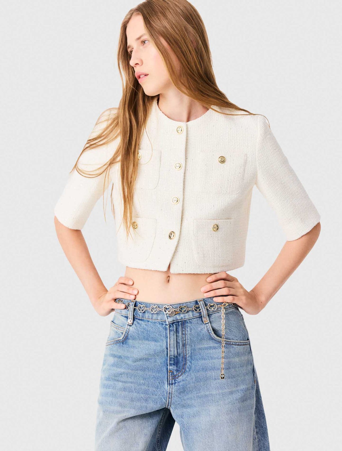Short-sleeved tweed jacket Ecru