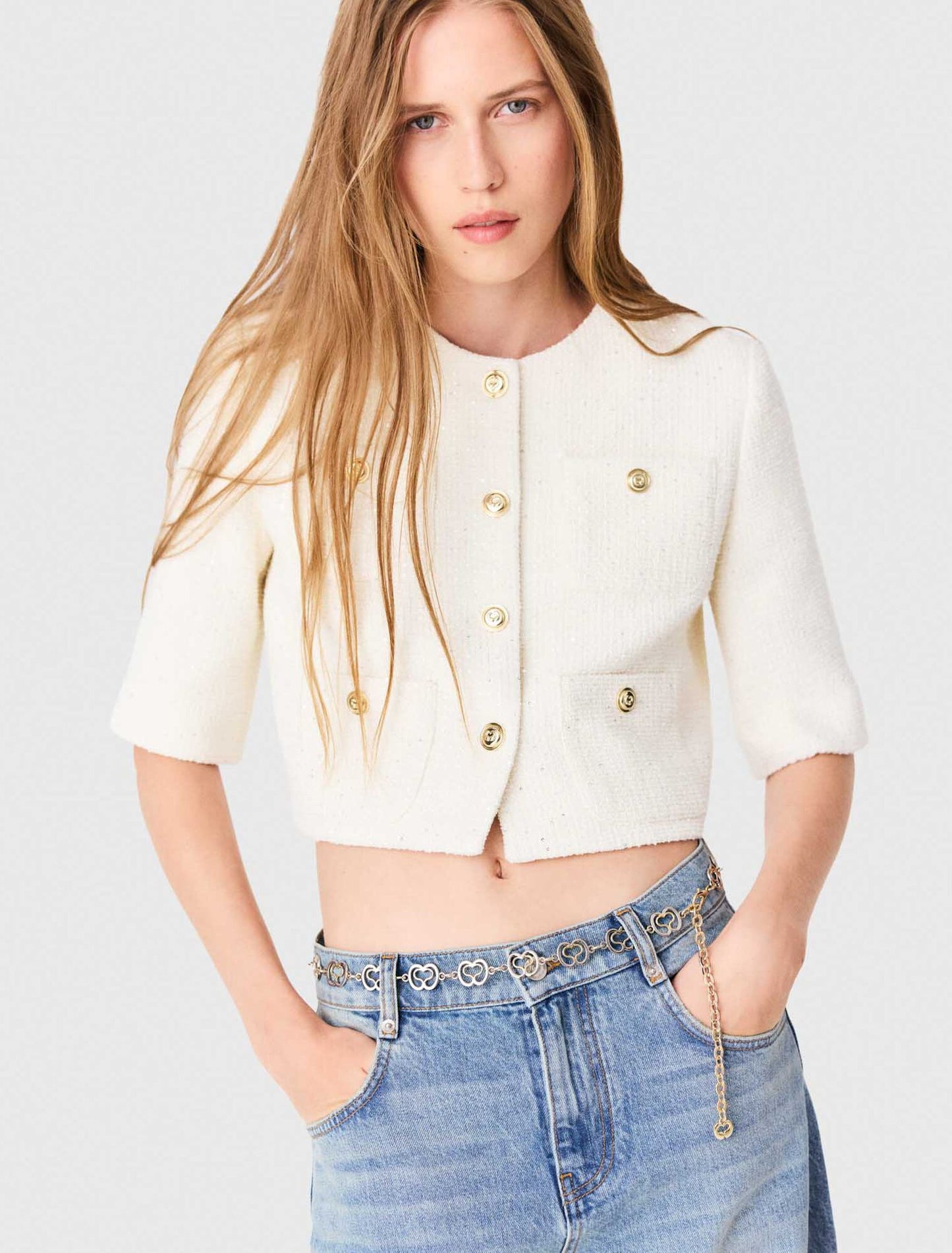 Short-sleeved tweed jacket Ecru